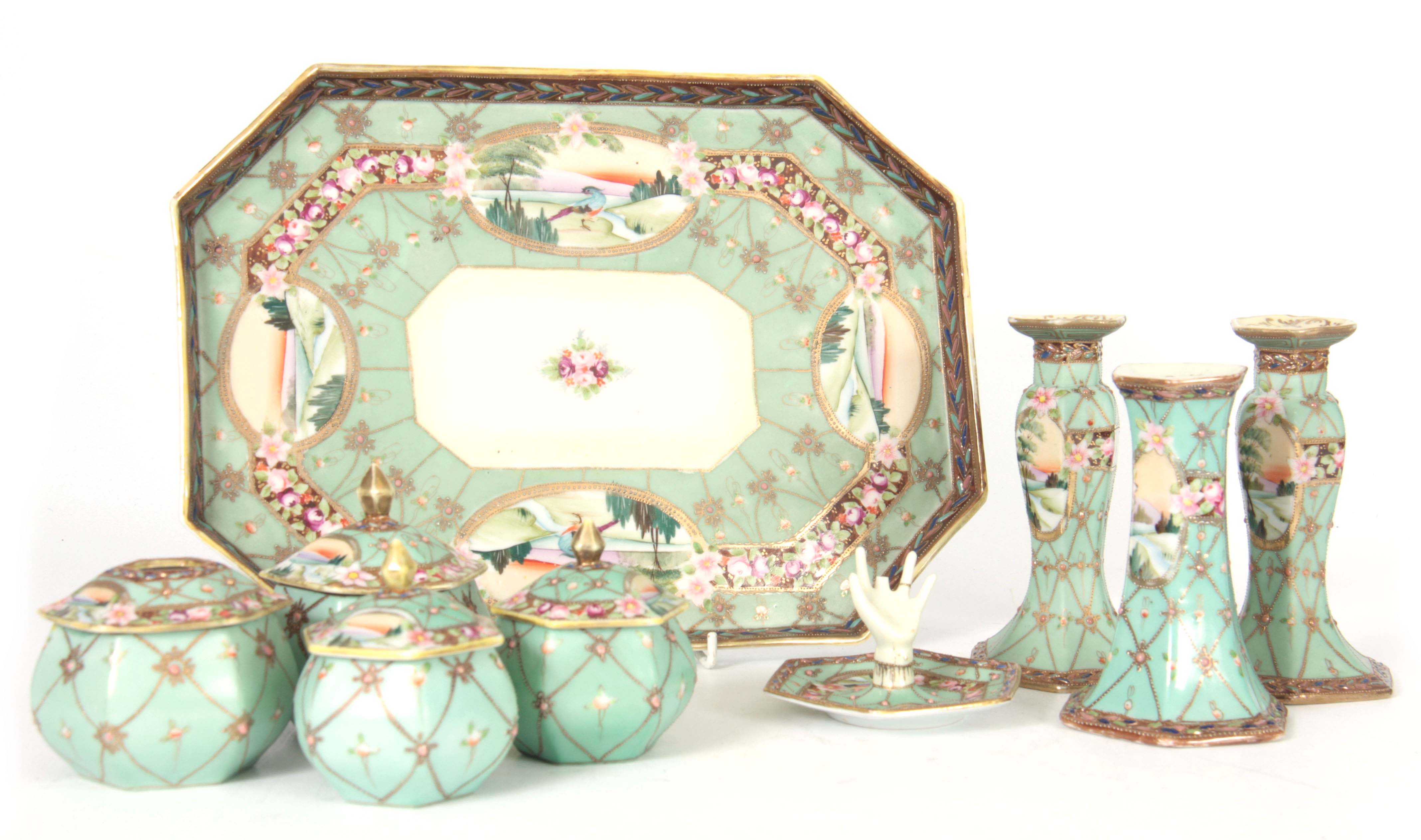 A JAPANESE NORITAKE TRINKET SET having a duck egg blue ground and floral band decoration inset