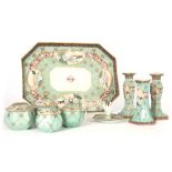 A JAPANESE NORITAKE TRINKET SET having a duck egg blue ground and floral band decoration inset
