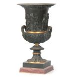 A 19TH CENTURY BRONZE AND ORMOLU MOUNTED CLASSICAL URN with Greek figures mounted around the body