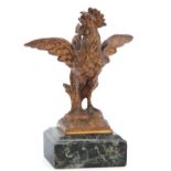 A LATE 19TH CENTURY GILT BRONZE SCULPTURE modelled as a cockerel mounted on green marble base 16cm