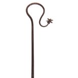 A LATE 19th CENTURY WROUGHT IRON GOOSE CROOK with decorative star tip on hardwood shaft 157cm