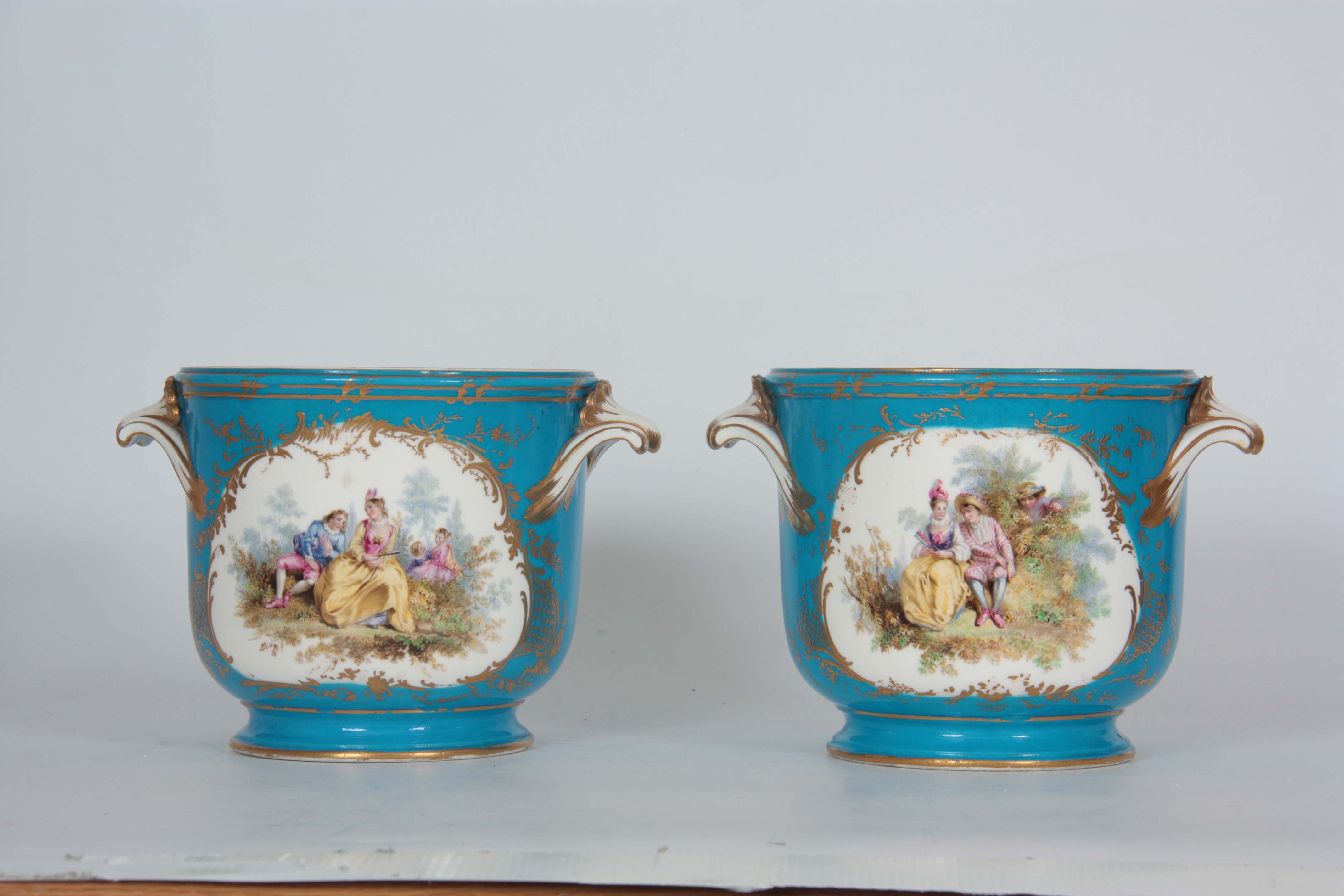 A PAIR OF 19TH CENTURY SEVRES PATTERN LARGE TWO-HANDLED JARDINIERES with gilt-edged leaf work - Image 2 of 9