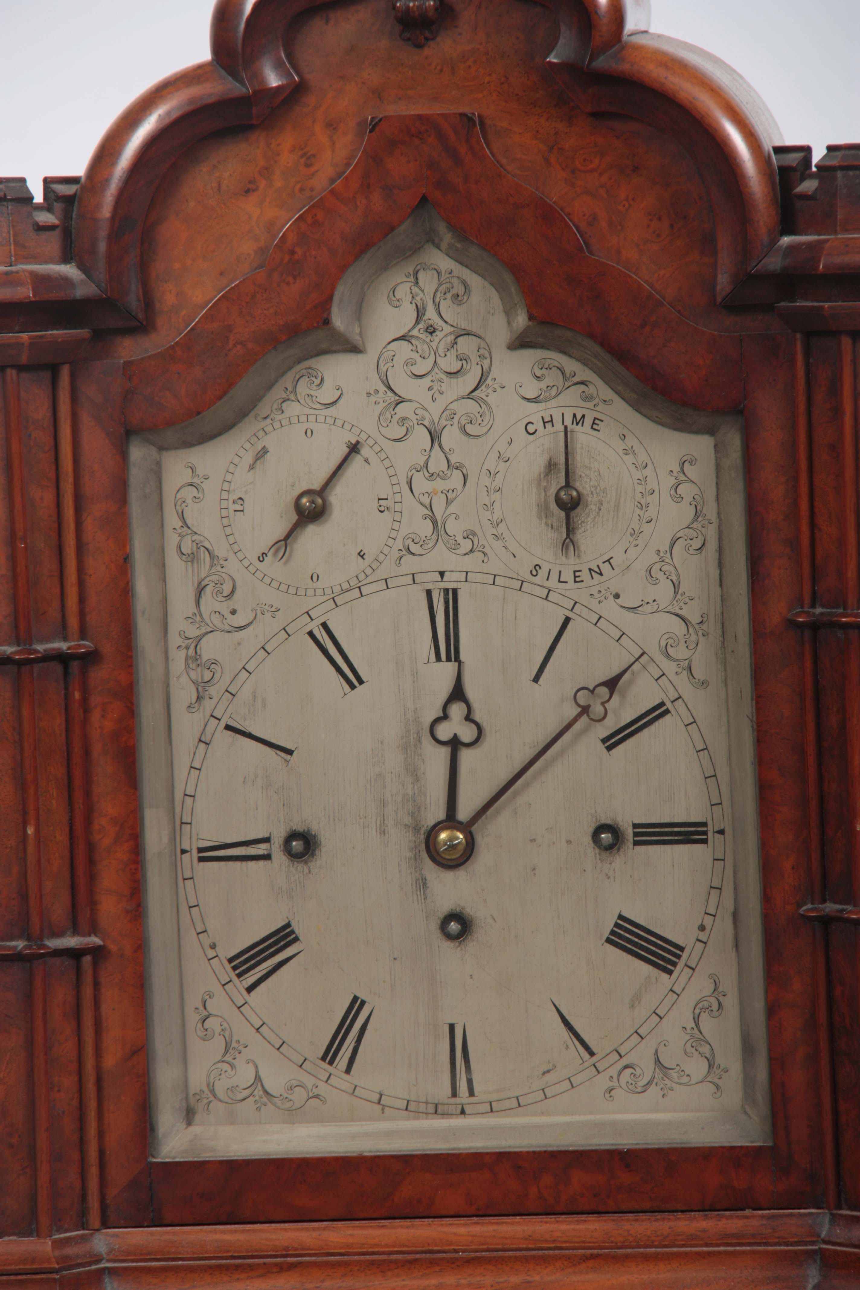 A LATE 19TH CENTURY BURR WALNUT EIGHT BELL QUARTER CHIMING BRACKET CLOCK the case with castellated - Image 2 of 5