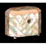 AN EARLY 19TH CENTURY MOTHER-OF-PEARL TEA CADDY with lozenge veneered body and canted corners