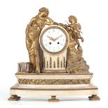 AN IMPRESSIVE 19TH CENTURY FRENCH ORMOLU AND WHITE MARBLE MANTEL CLOCK OF LARGE SIZE the slightly