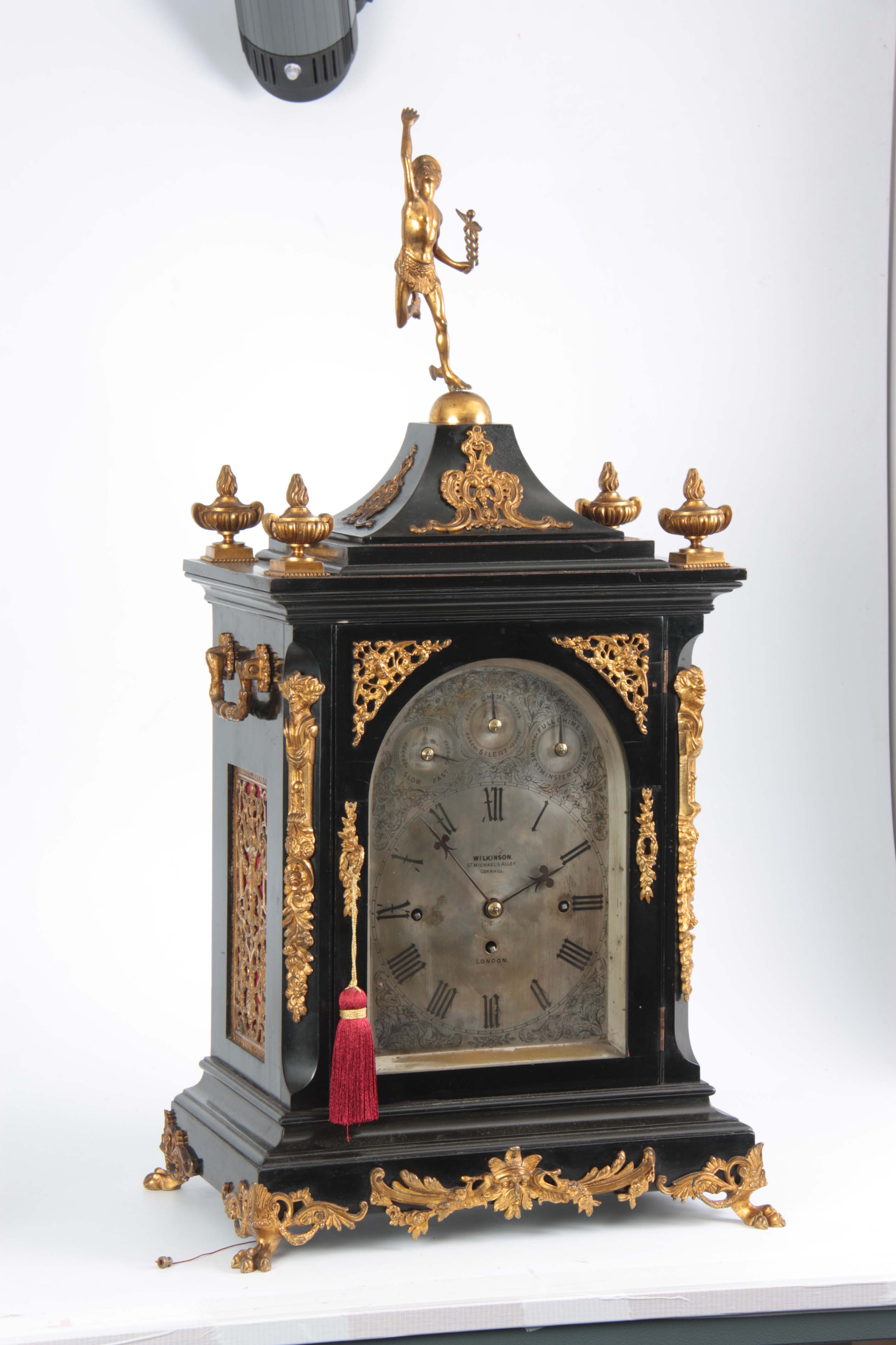 A LATE 19TH CENTURY EBONISED EIGHT BELL QUARTER CHIMING BRACKET CLOCK the case with pagoda top - Image 6 of 10