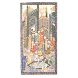 A 19TH CENTURY PERSIAN IVORY PANEL with finely painted and detailed Mosque scene with figures