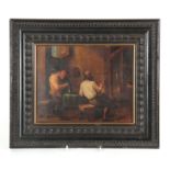 19TH CENTURY CONTINENTAL SCHOOL OIL ON OAK PANEL interior scene with figures drinking and smoking