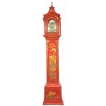 JOSIAH EMERY, LONDON A SMALL GEORGE III RED LACQUER 8" DIAL LONGCASE CLOCK the pagoda top case