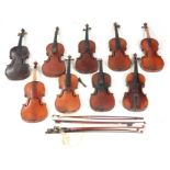 A COLLECTION OF 9 VIOLINS AND 8 VIOLIN BOWS including a branded Stainer below the button, length