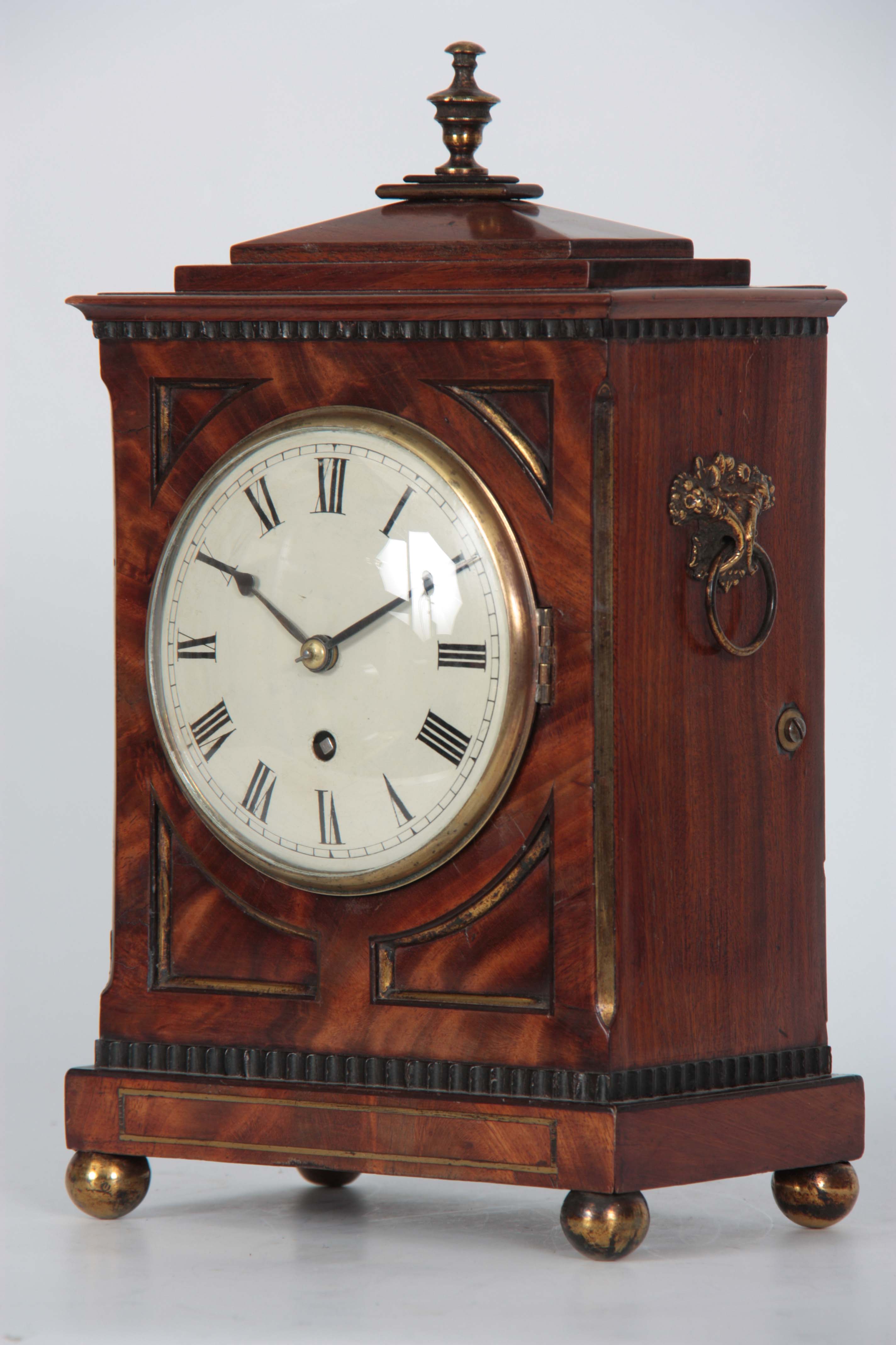 A GOOD REGENCY MAHOGANY STEPPED CHAMFER TOP AND BRASS MOUNTED BRACKET CLOCK OF SMALL SIZE with brass - Image 2 of 7