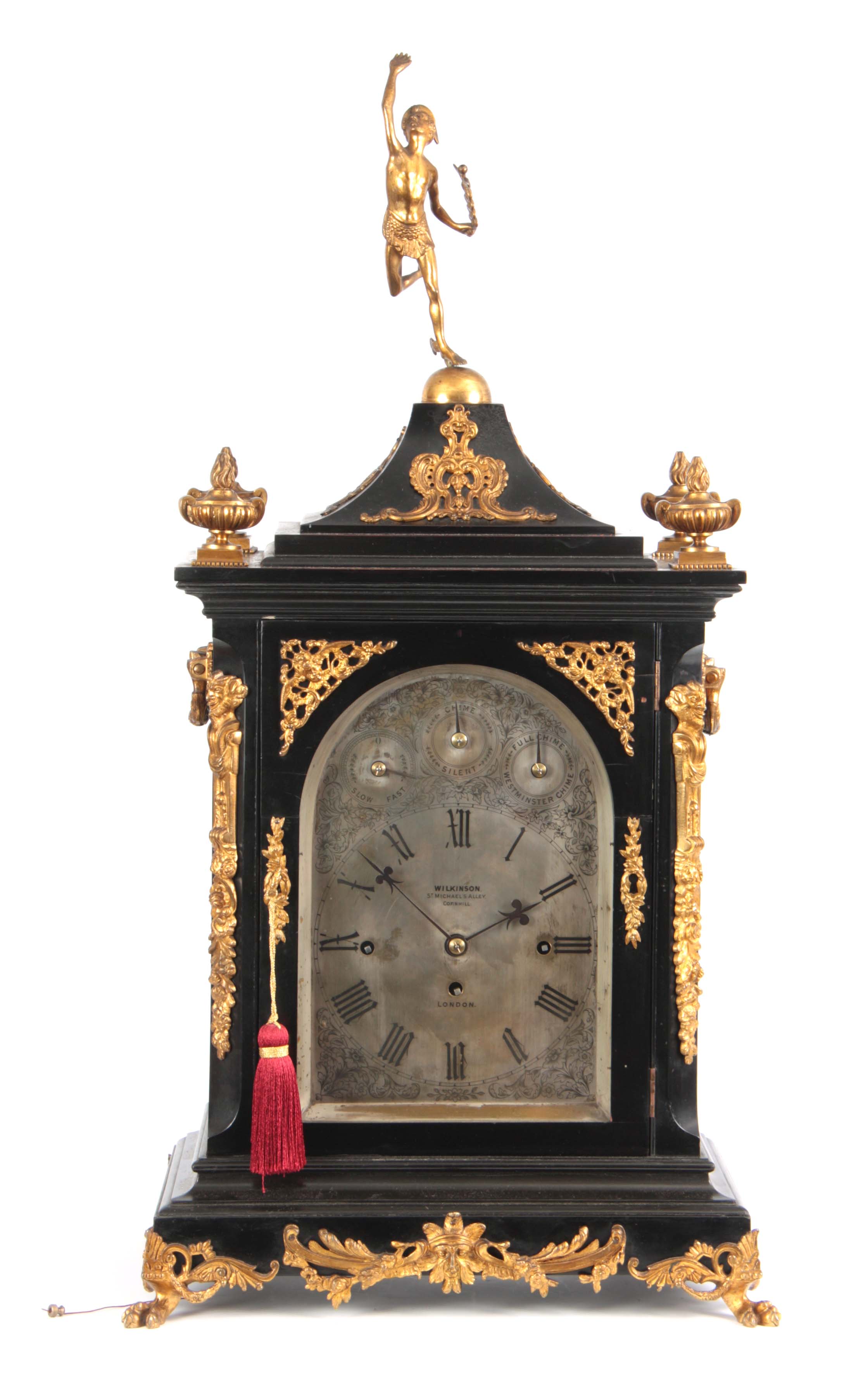 A LATE 19TH CENTURY EBONISED EIGHT BELL QUARTER CHIMING BRACKET CLOCK the case with pagoda top