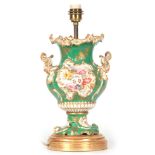 A 19TH CENTURY COALPORT TYPE ORNATE PORCELAIN VASE LAMP WITH LATER GILTWOOD BASE with gilt