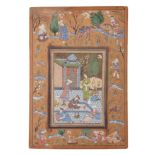 A 19TH CENTURY PERSIAN WATERCOLOUR DRAWING the centre panel with figures in an interior scene within
