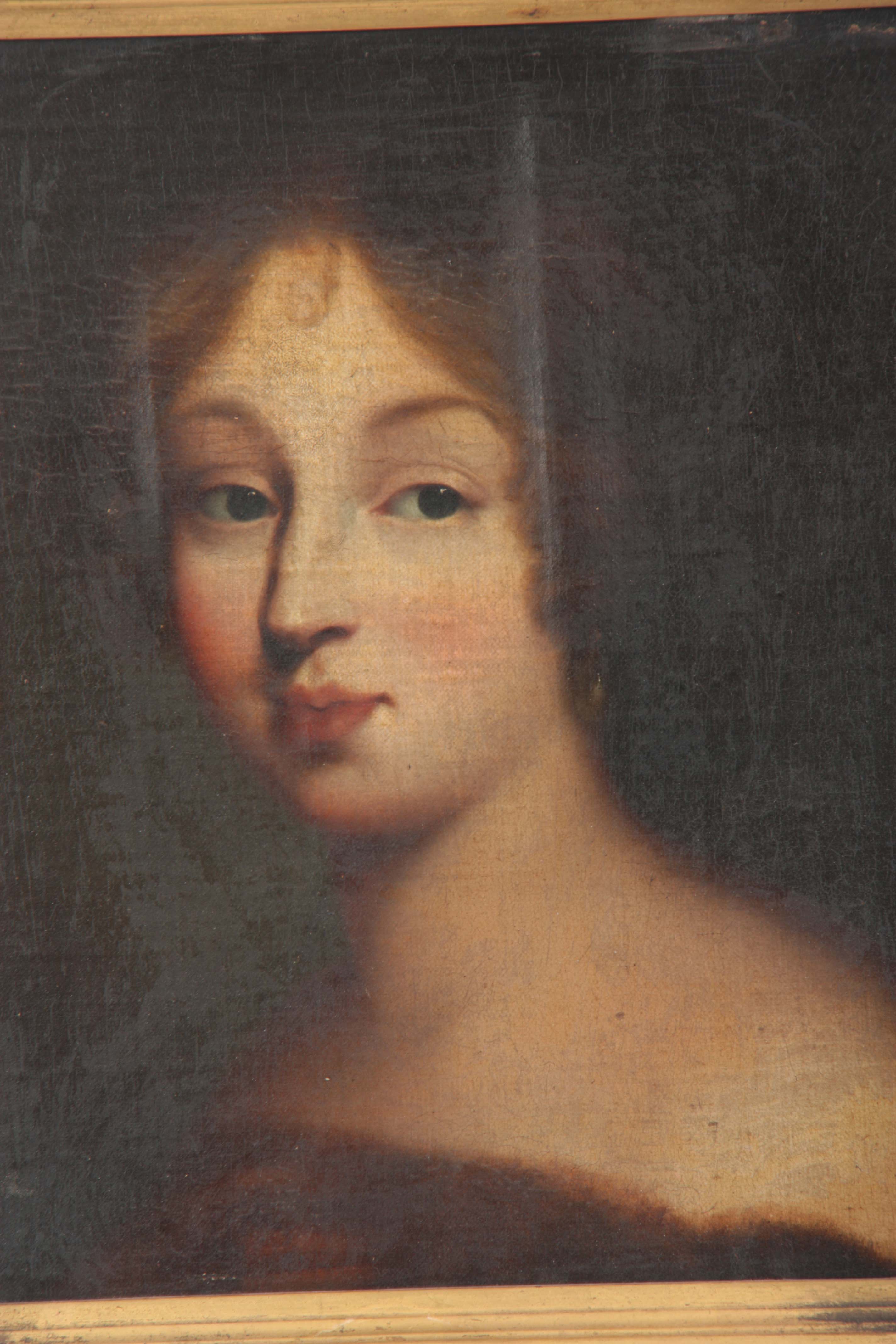 AN 18TH CENTURY OIL ON CANVAS. Portrait of a young woman with exposed shoulders and long brown - Image 3 of 5