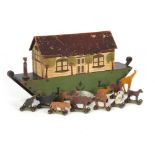 A LATE 19TH CENTURY PAINTED WOODEN NOAH'S ARK having a hinged pitch roof and initialled L. L.