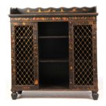 A LATE REGENCY LACQUERED CHINOISERIE SIDE CABINET with raised shaped back above fixed shelves with