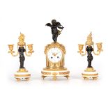 A LATE 19TH CENTURY FRENCH BRONZE, ORMOLU AND WHITE MARBLE CLOCK GARNITURE SET having a patinated