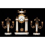 A LATE 19TH CENTURY FRENCH ORMOLU AND WHITE MARBLE CLOCK GARNITURE the case with urn finial above