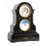 A 19TH CENTURY FRENCH BLACK SLATE AND MALACHITE PANELLED MANTEL CLOCK WITH PERPETUAL CALENDAR WORK