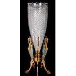 AN EARLY 20th CENTURY CHAMPLEVE ENAMEL BRONZE AND GLASS VASE CENTREPIECE the fluted baccarat crystal