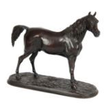 AFTER P. J. MENE. AN EARLY 20TH CENTURY PATINATED BRONZE SCULPTURE modelled as a stallion horse