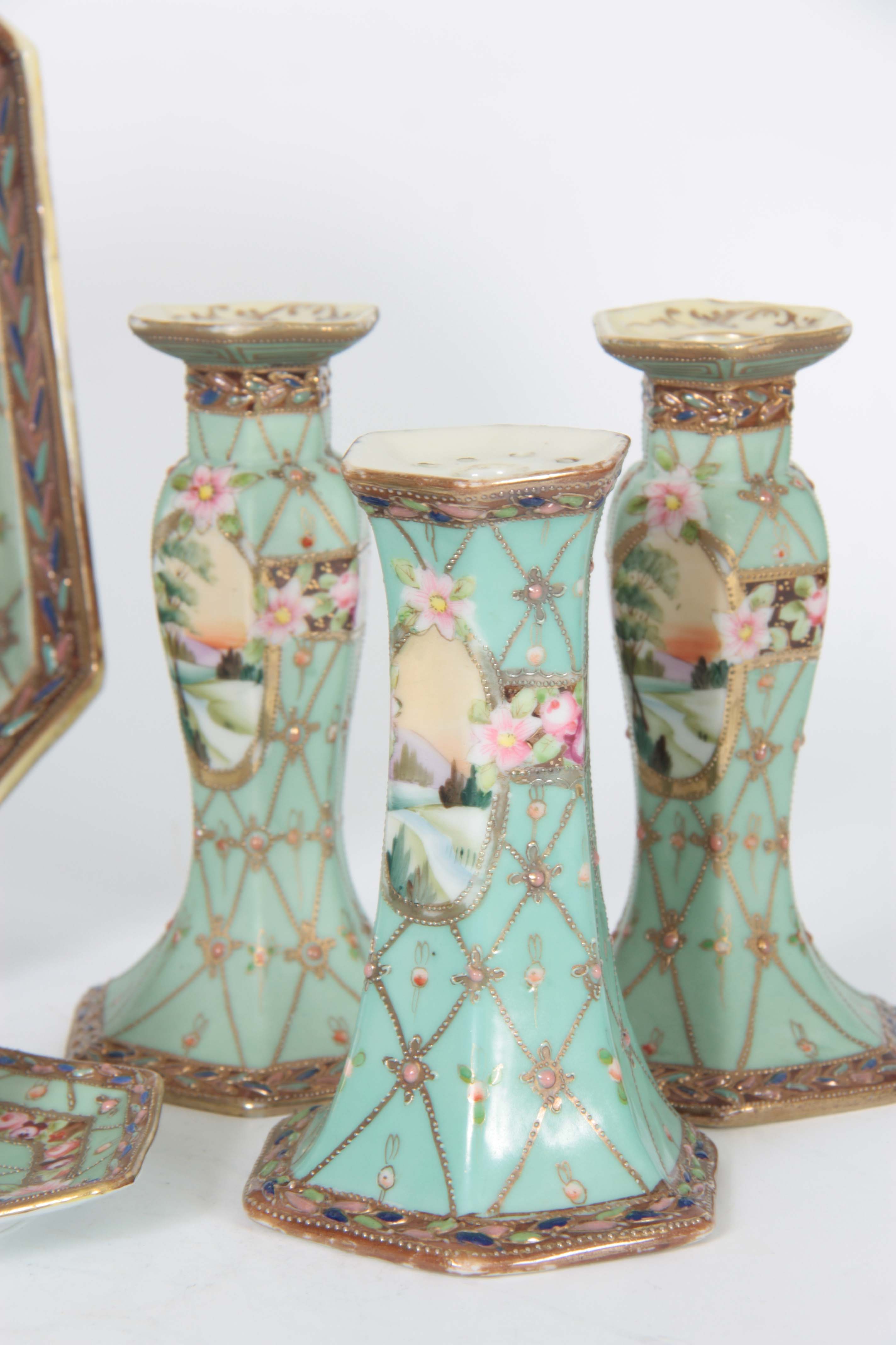 A JAPANESE NORITAKE TRINKET SET having a duck egg blue ground and floral band decoration inset - Image 4 of 8