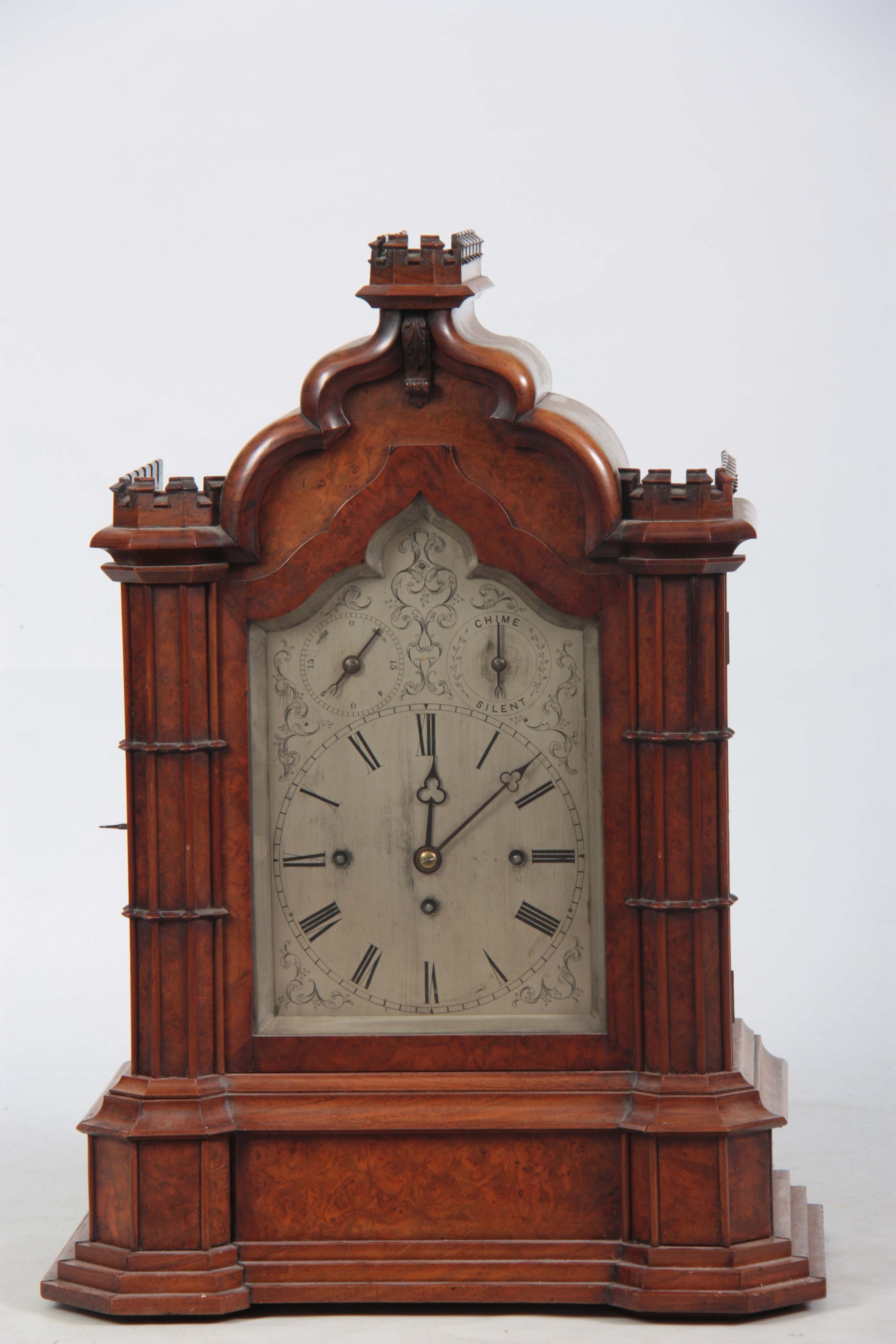 A LATE 19TH CENTURY BURR WALNUT EIGHT BELL QUARTER CHIMING BRACKET CLOCK the case with castellated - Image 5 of 5