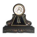 A 19TH CENTURY FRENCH BLACK SLATE MANTEL CLOCK the case with gilt scratch inlaid floral panels on