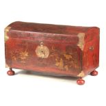AN EARLY 18TH CENTURY BRASS MOUNTED SCARLET LACQUER CHINOISERIE DOME TOP CHEST with hinged lid