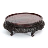 A 19TH CENTURY CHINESE HARDWOOD CIRCULAR CARVED JARDINIERE STAND with ringed top above a finely