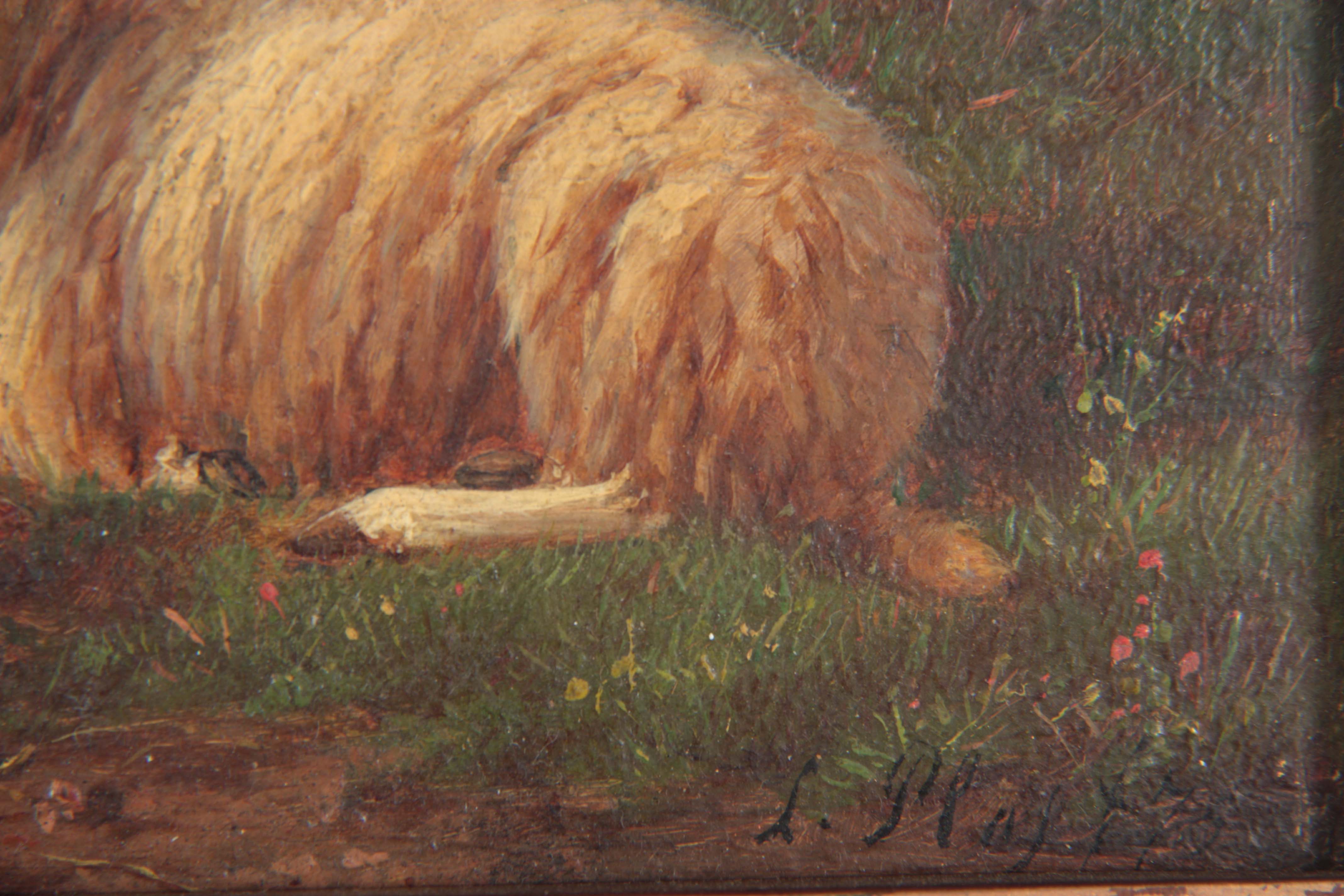 19TH CENTURY OIL ON MAHOGANY PANEL sheep in a landscape by water 20cm high 28.5cm wide bears - Image 3 of 4