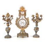 A LATE 19TH CENTURY FRENCH ORMOLU MOUNTED AND GREY MARBLE THREE PIECE MYSTERY CLOCK GARNITURE SET