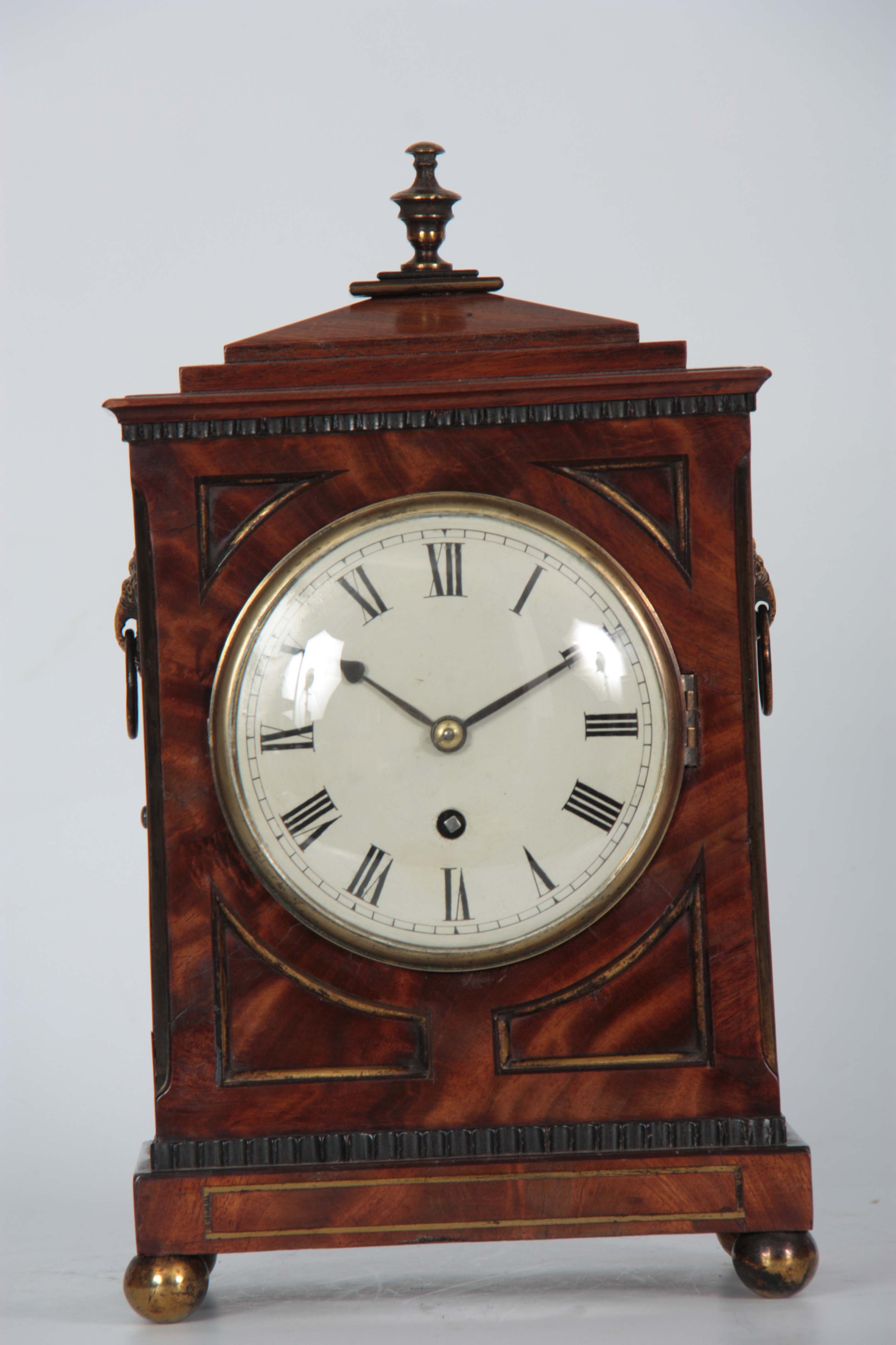 A GOOD REGENCY MAHOGANY STEPPED CHAMFER TOP AND BRASS MOUNTED BRACKET CLOCK OF SMALL SIZE with brass - Image 3 of 7