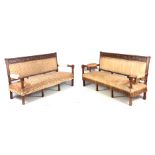A PAIR OF 19TH CENTURY GOTHIC OAK THREE SEATER BENCHES / SETTEES IN THE MANER OF PUGIN with