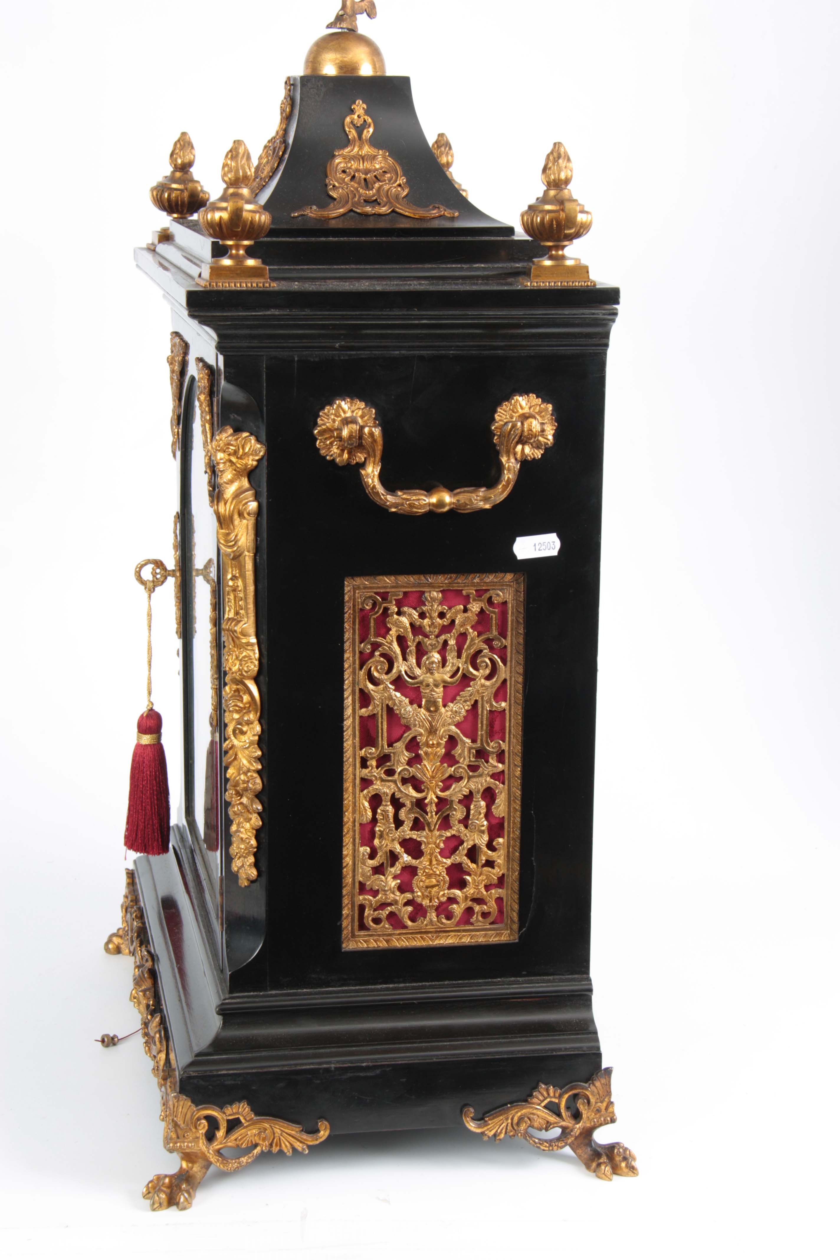 A LATE 19TH CENTURY EBONISED EIGHT BELL QUARTER CHIMING BRACKET CLOCK the case with pagoda top - Image 7 of 10