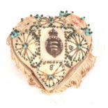 AN ESSEX REGIMENT SWEETHEART PIN CUSHION with beaded panels and embroidered mottos titled "Think