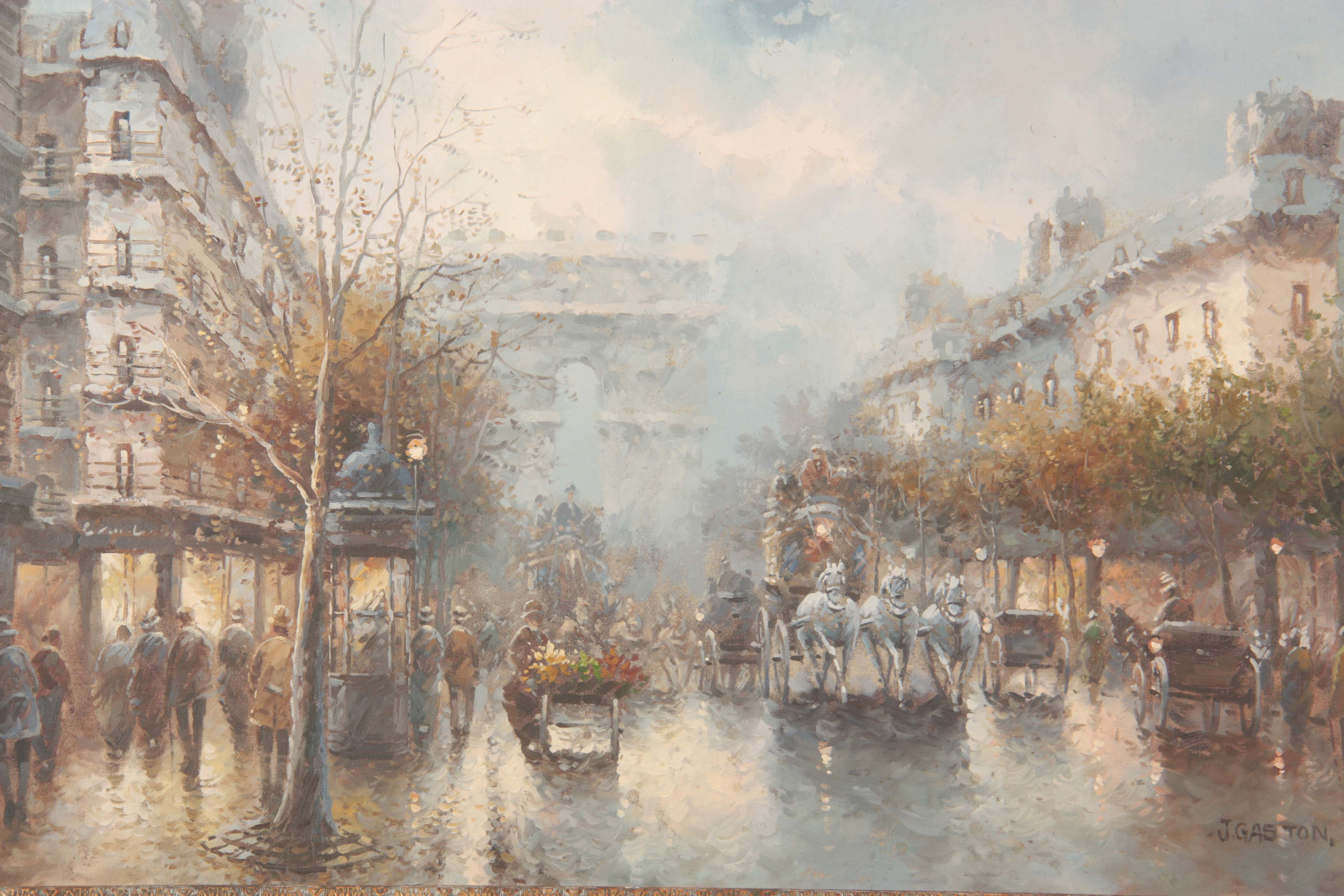 J GASTON - OIL ON HARDBOARD Parisian Street scene with horse-drawn carriages 59.5cm high 90.5cm wide - Image 3 of 5