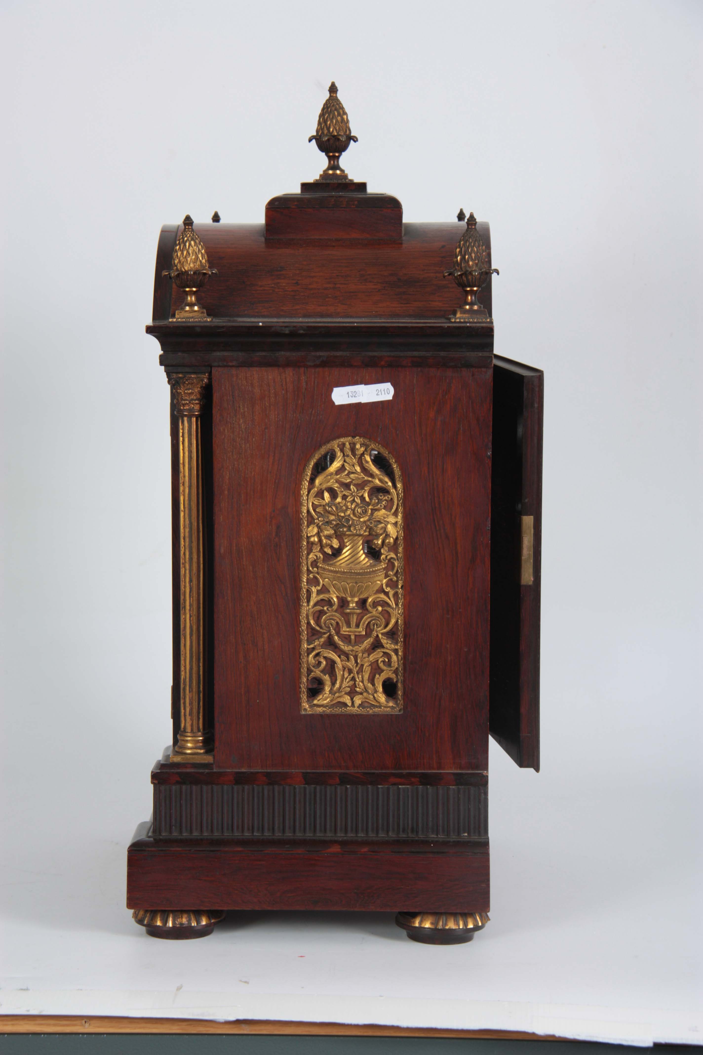 A LATE 19TH CENTURY ROSEWOOD BRASS INLAID EIGHT BELL QUARTER CHIMING BRACKET CLOCK the arched top - Image 7 of 8