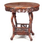 A 19TH CENTURY CHINESE HARDWOOD CENTRE TABLE with panelled top above a pierced carved bamboo style