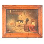 19TH CENTURY OIL ON PANEL interior scene with dog and child in cradle 19.5cm high 27cm wide - burr