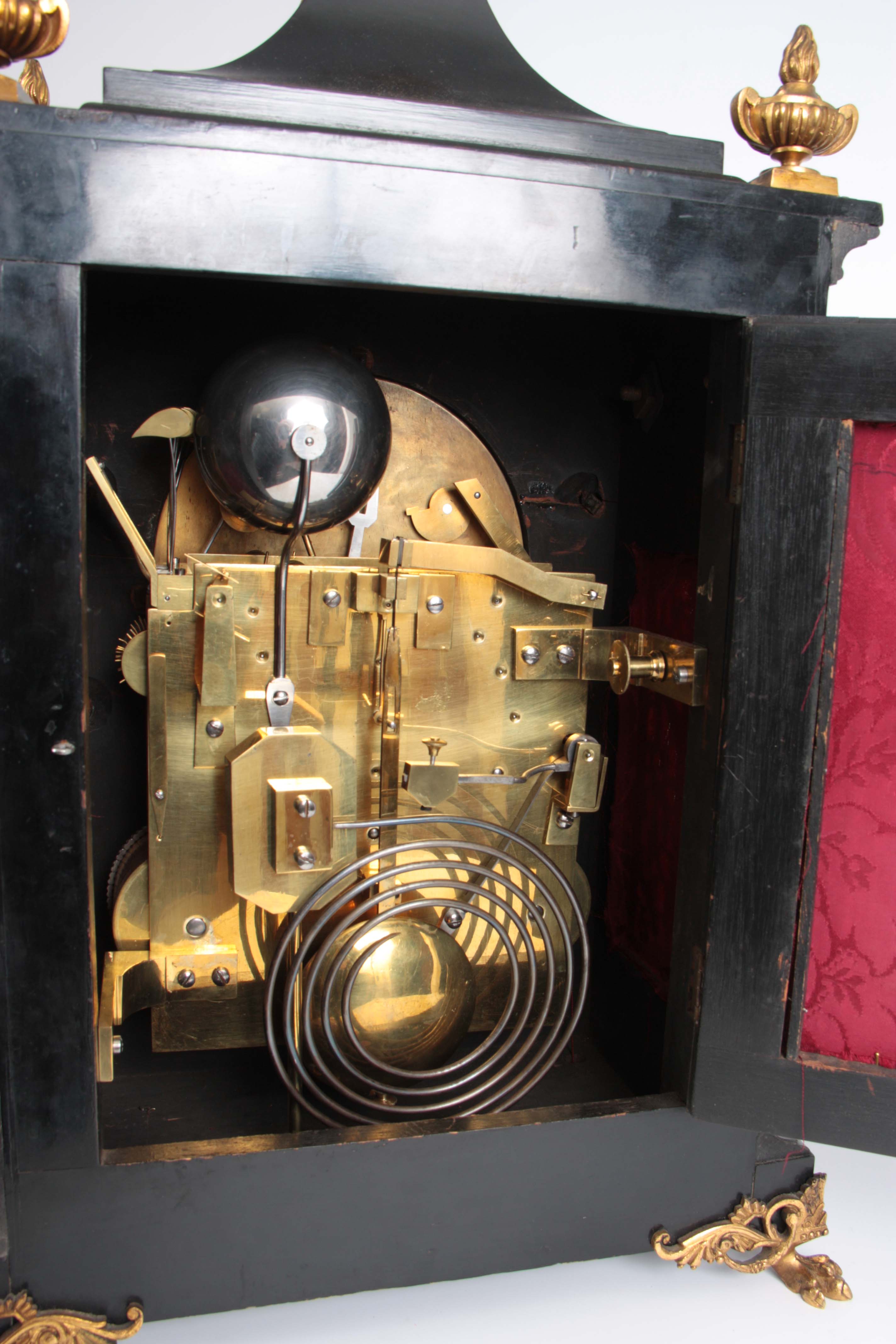 A LATE 19TH CENTURY EBONISED EIGHT BELL QUARTER CHIMING BRACKET CLOCK the case with pagoda top - Image 8 of 10