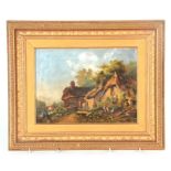 W J COOPER - OIL ON CANVAS wooded landscape scene with thatched cottages and figures to the