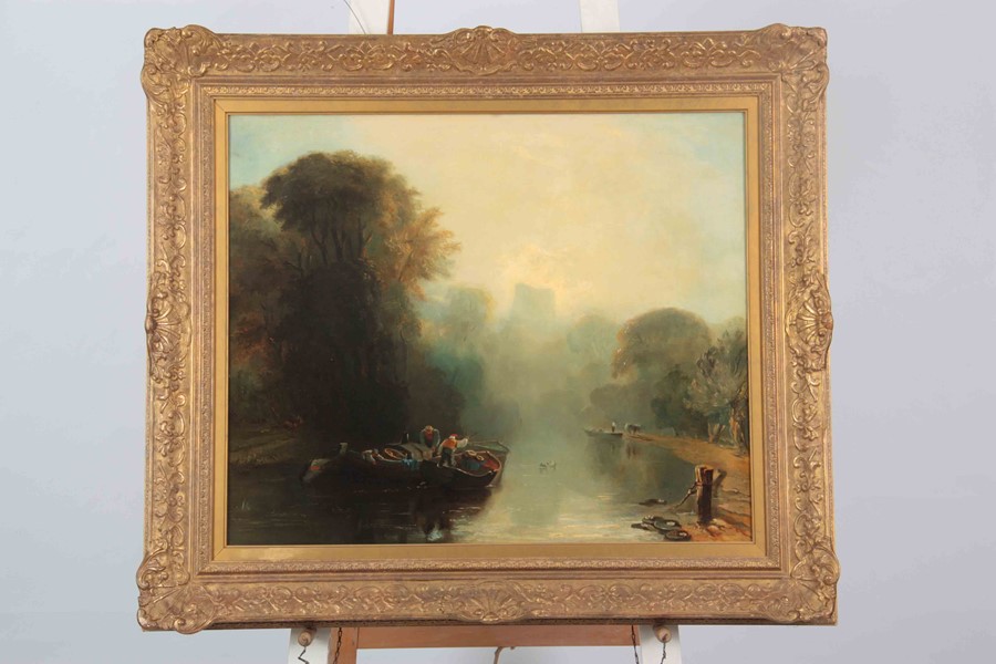 19TH CENTURY CONTINENTAL SCHOOL - OIL ON RE-LINED CANVAS wooded river landscape scene with figures - Image 2 of 4