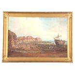 I J ALLERSTON - OIL ON CANVAS shore scene with figures and moored vessel 44.5cm high 65cm wide