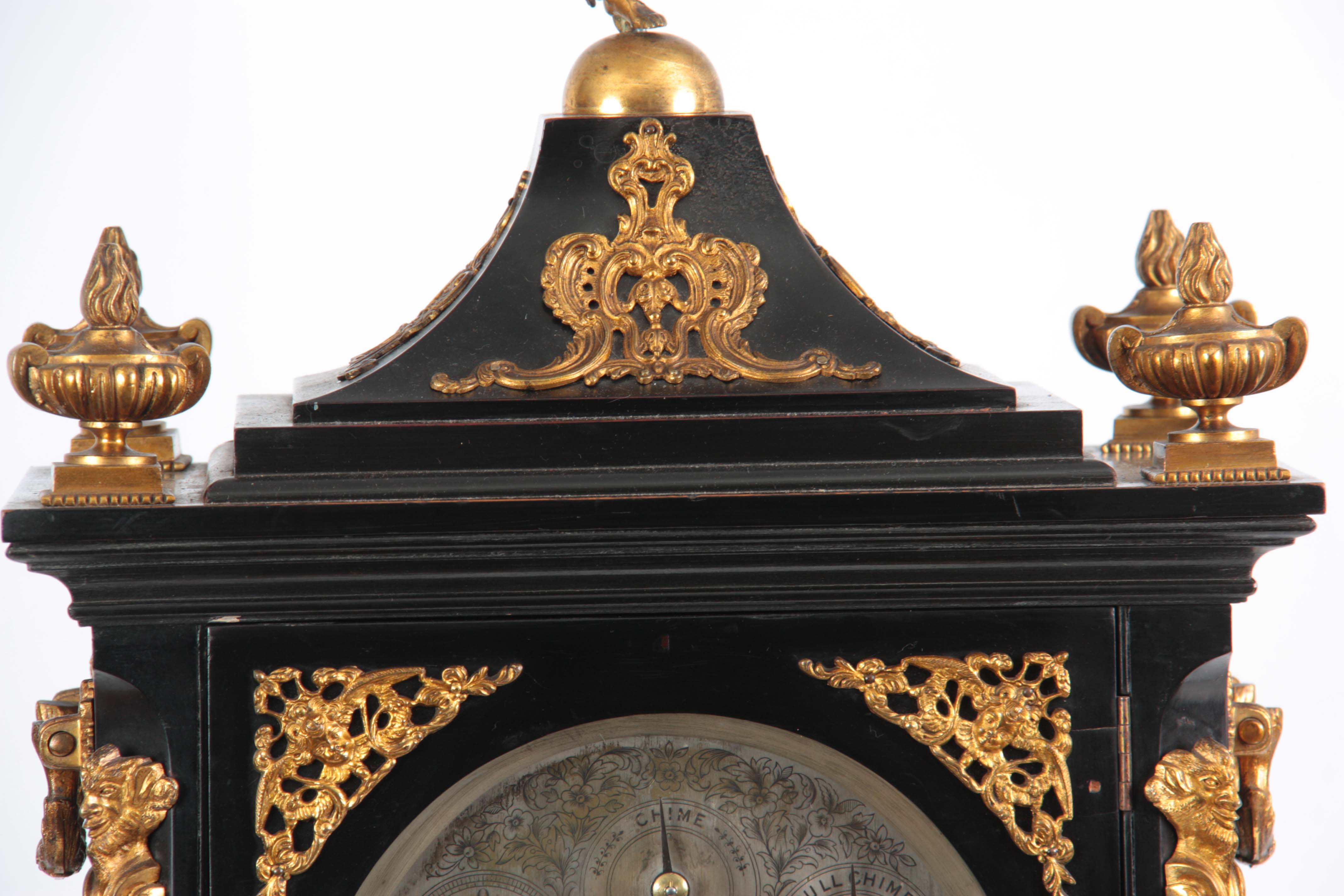 A LATE 19TH CENTURY EBONISED EIGHT BELL QUARTER CHIMING BRACKET CLOCK the case with pagoda top - Image 5 of 10