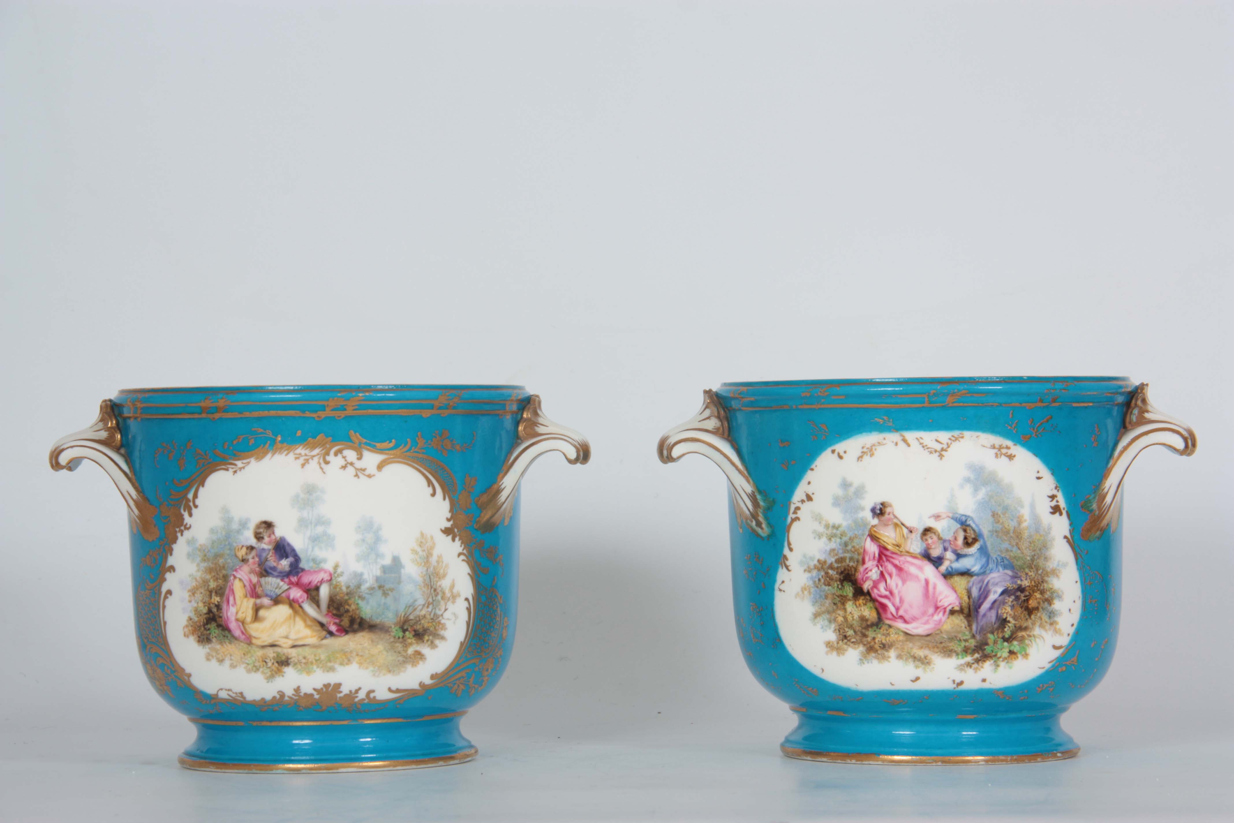 A PAIR OF 19TH CENTURY SEVRES PATTERN LARGE TWO-HANDLED JARDINIERES with gilt-edged leaf work - Image 5 of 9