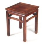 A 19TH CENTURY CHINESE HARDWOOD JARDINIERE STAND with panelled top above square moulded legs