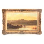 ALFRED BREANSKI - OIL ON RE-LINED CANVAS lake and mountain scene with cattle watering 24.5cm high