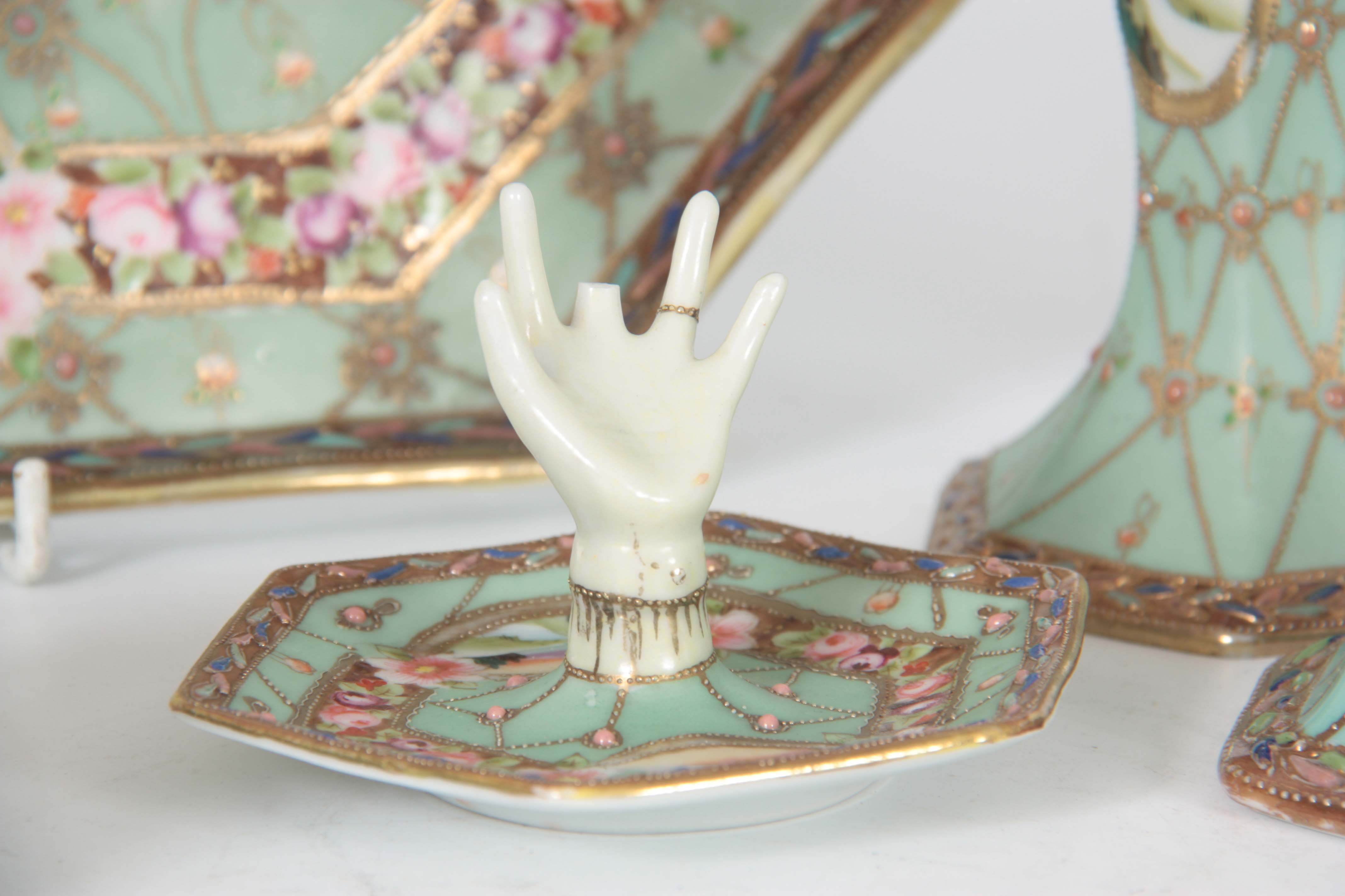 A JAPANESE NORITAKE TRINKET SET having a duck egg blue ground and floral band decoration inset - Image 5 of 8